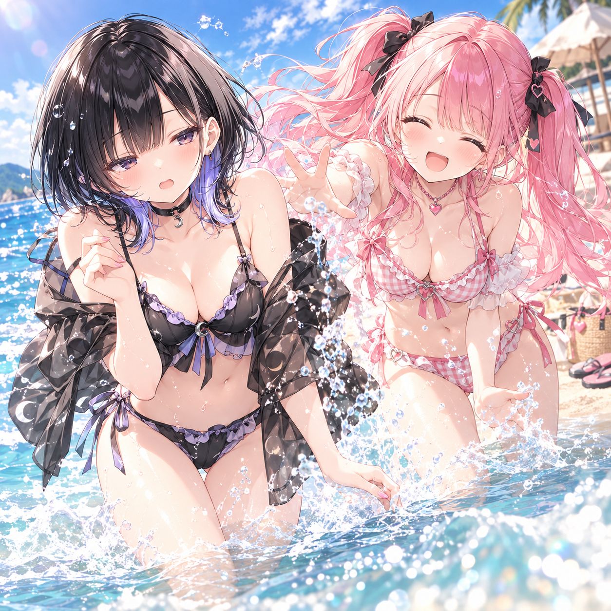海で水をかけ合う水着の小夜ルナと小夜ヒナ