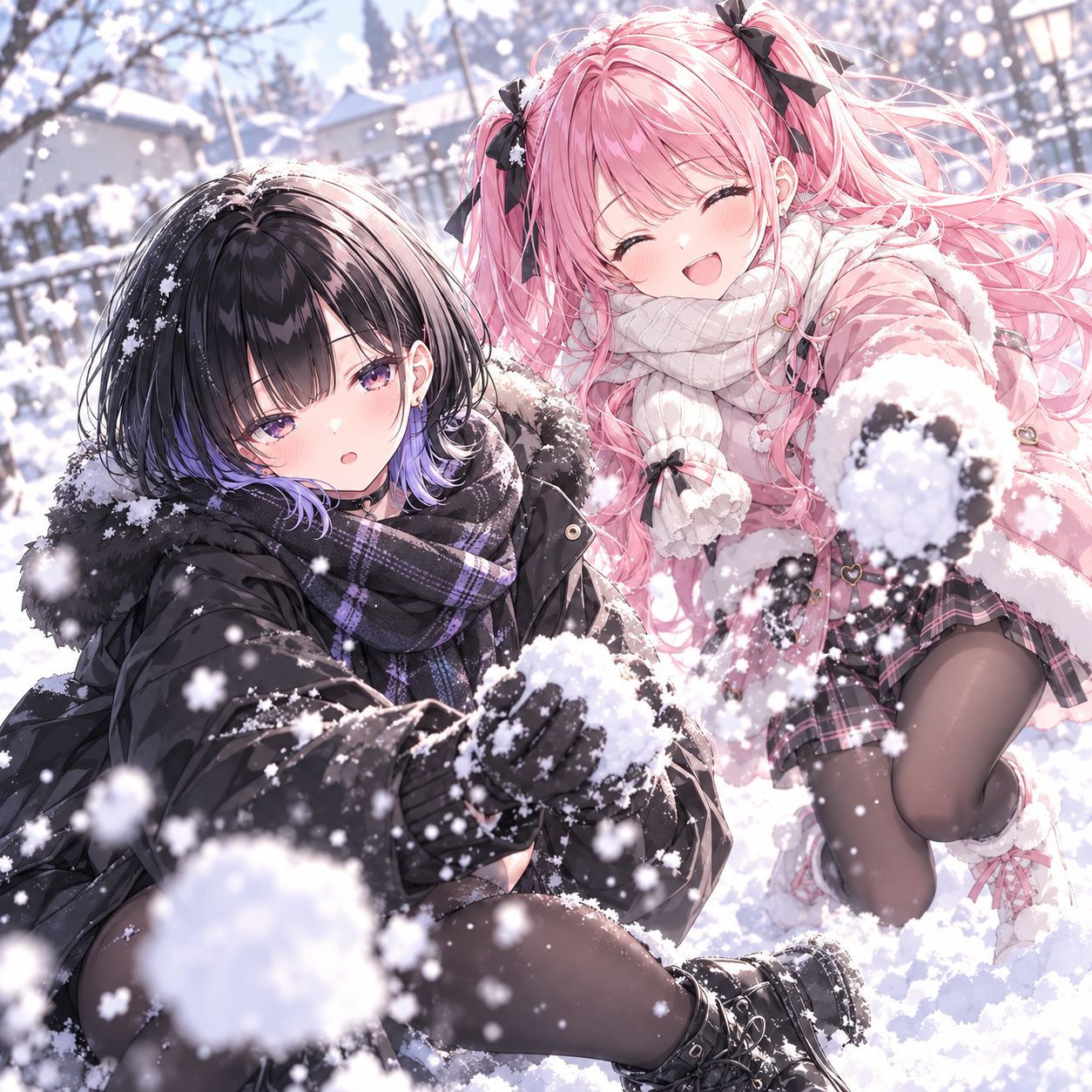 雪の中で雪玉を投げ合う小夜ルナと小夜ヒナ