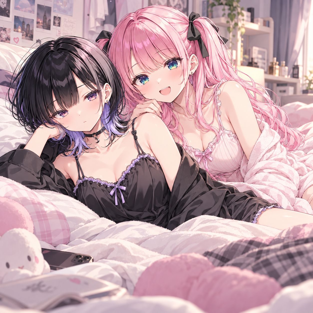ベッドで寄り添うルームウェアの小夜ルナと小夜ヒナ