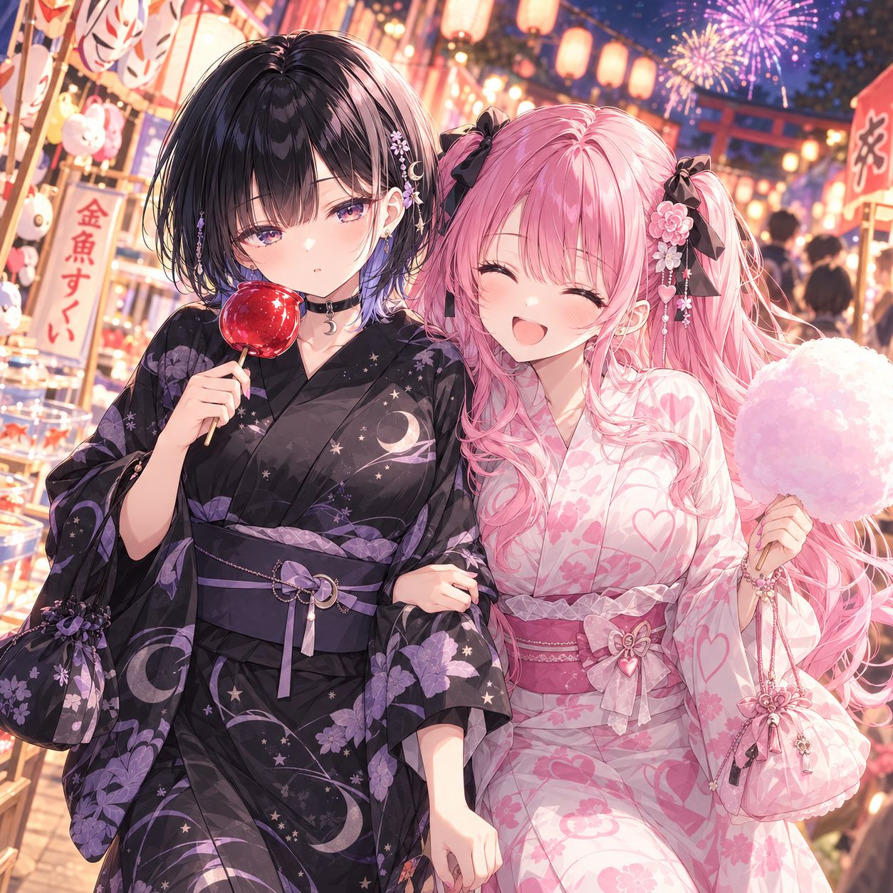 夏祭りで浴衣を着て、りんご飴と綿あめを持つ小夜ルナと小夜ヒナ