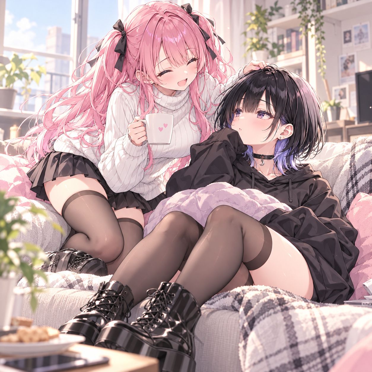 ソファでくつろぐ小夜ルナの頭をなでる小夜ヒナ
